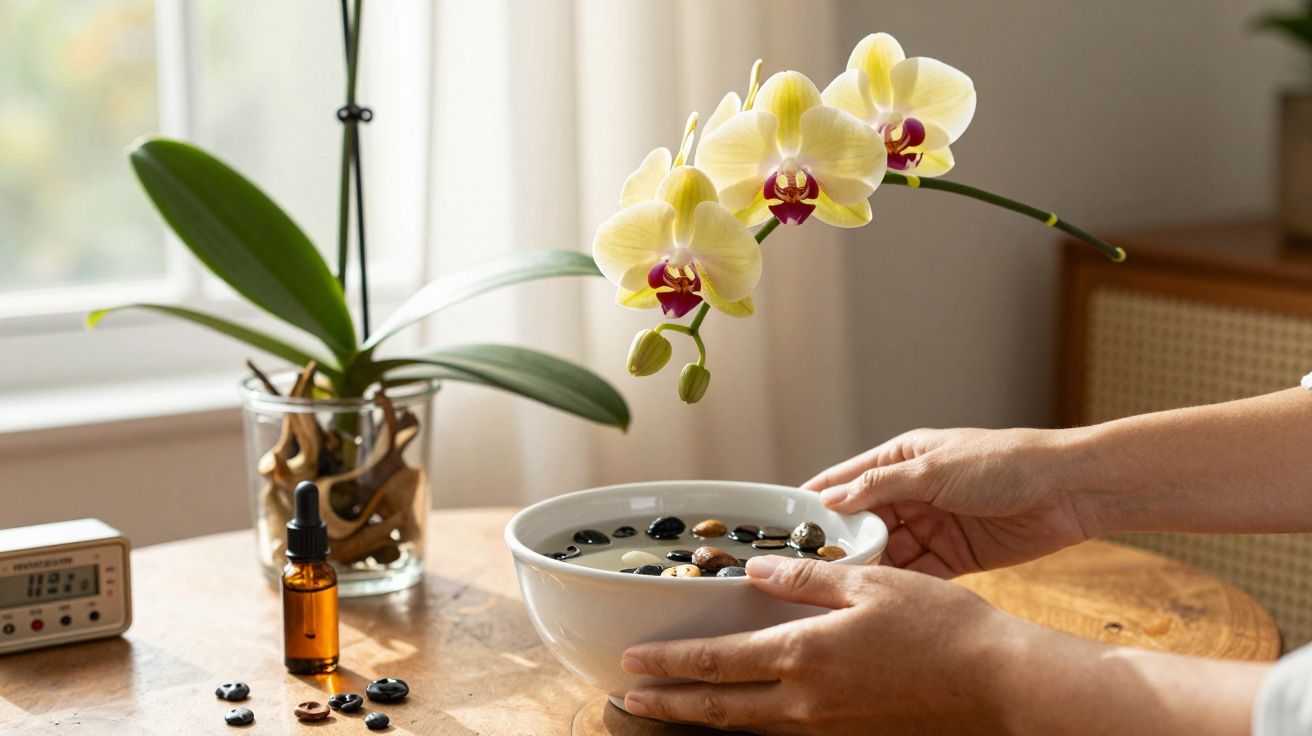 Mãos segurando tigela com pedras e água, ao lado de um vaso com orquídea amarelo-claro sobre mesa de madeira.