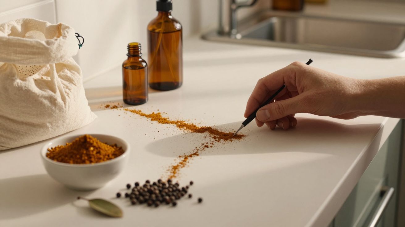 Mão desenha numa mesa com especiarias, frascos âmbar e saco de pano ao fundo, simbolizando criatividade culinária.