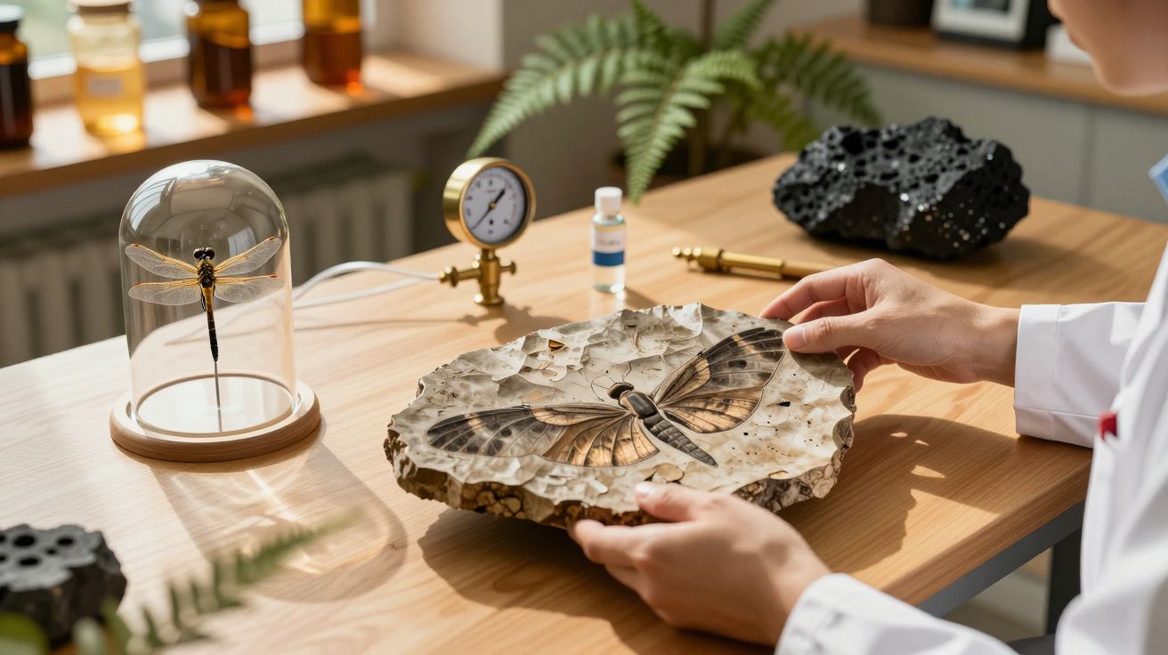 Pessoa examina fósseis de insetos em laboratório iluminado com decoração de samambaias e instrumentos científicos.