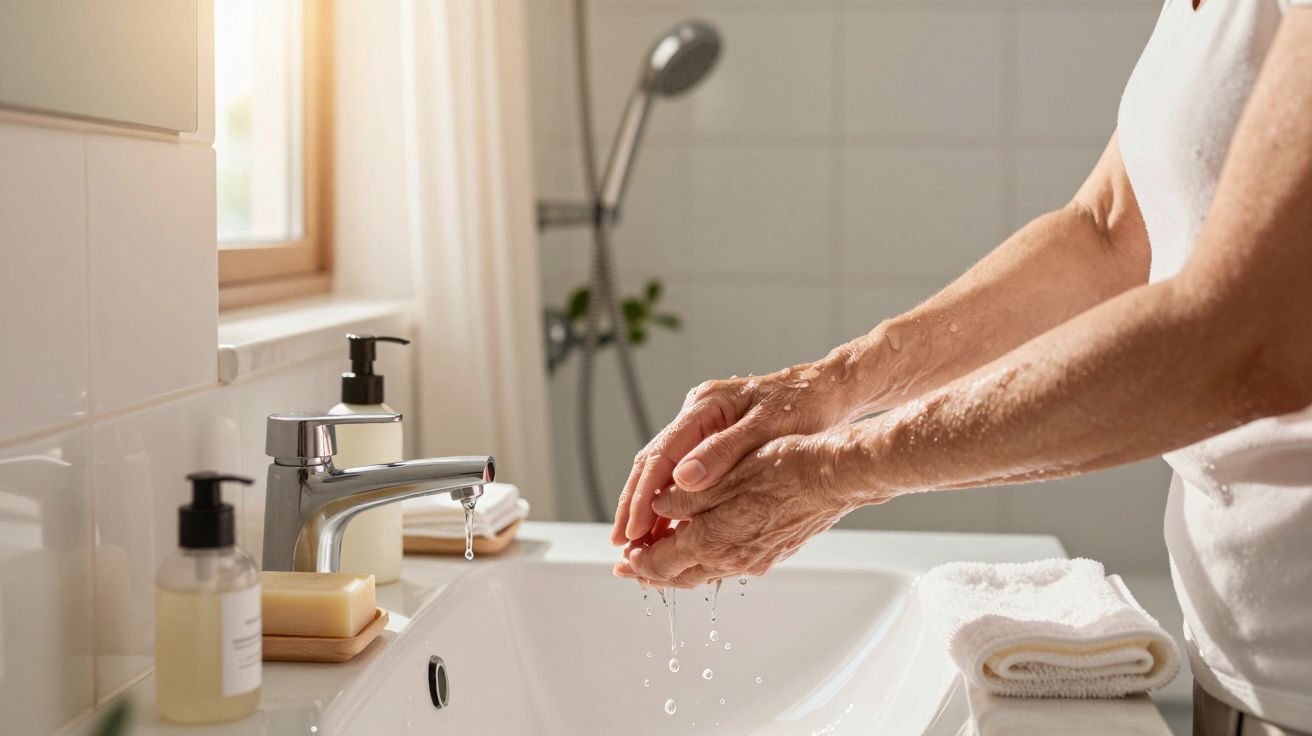 Pessoa a lavar as mãos numa casa de banho bem iluminada, com sabonete e toalha ao lado do lavatório.