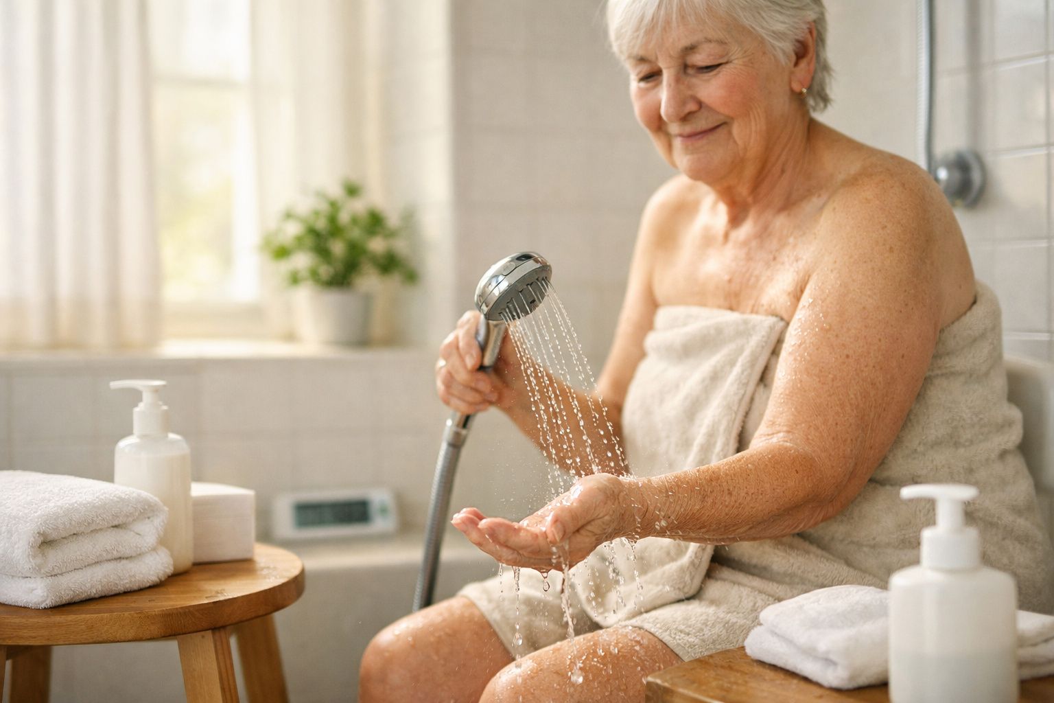 Senhora de roupão lava as mãos numa casa de banho iluminada com toalhas e produtos de higiene ao lado da torneira.