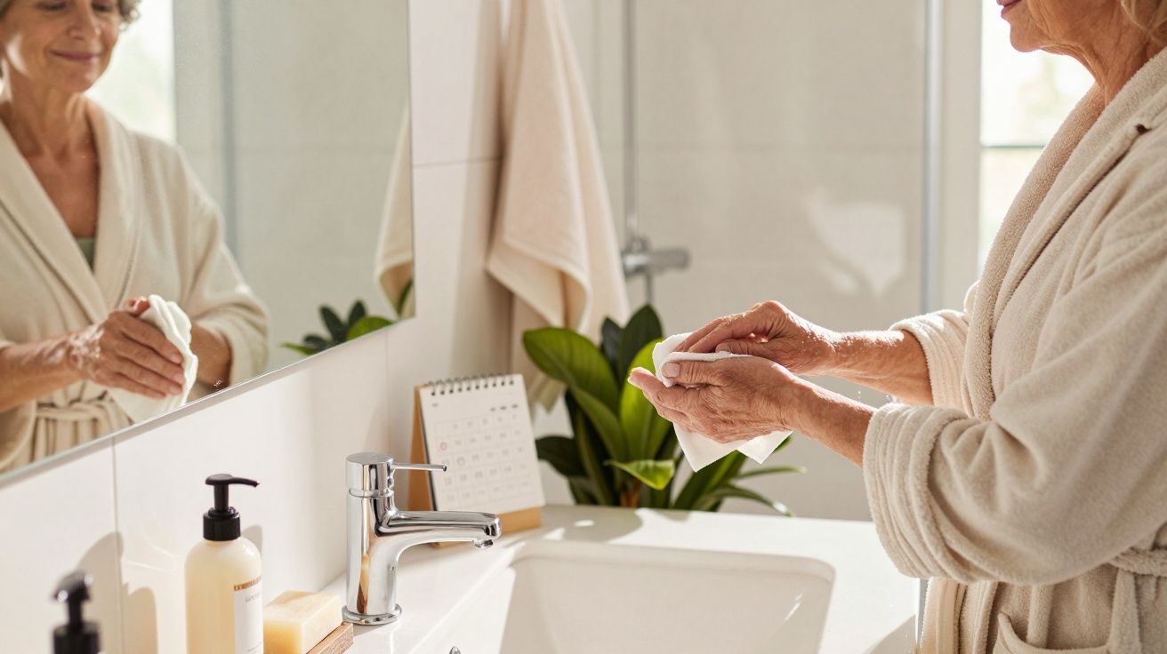 Mulher a lavar as mãos ao lado de um lavatório com toalha e produtos de higiene a decorar o espaço moderno.