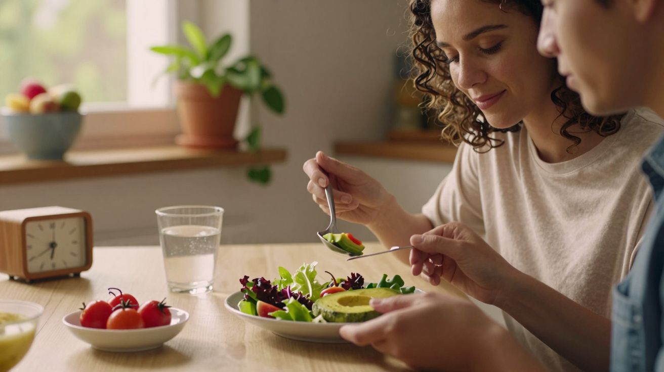 Casal jovem partilha uma salada de legumes frescos numa mesa de madeira, com luz natural ao fundo.