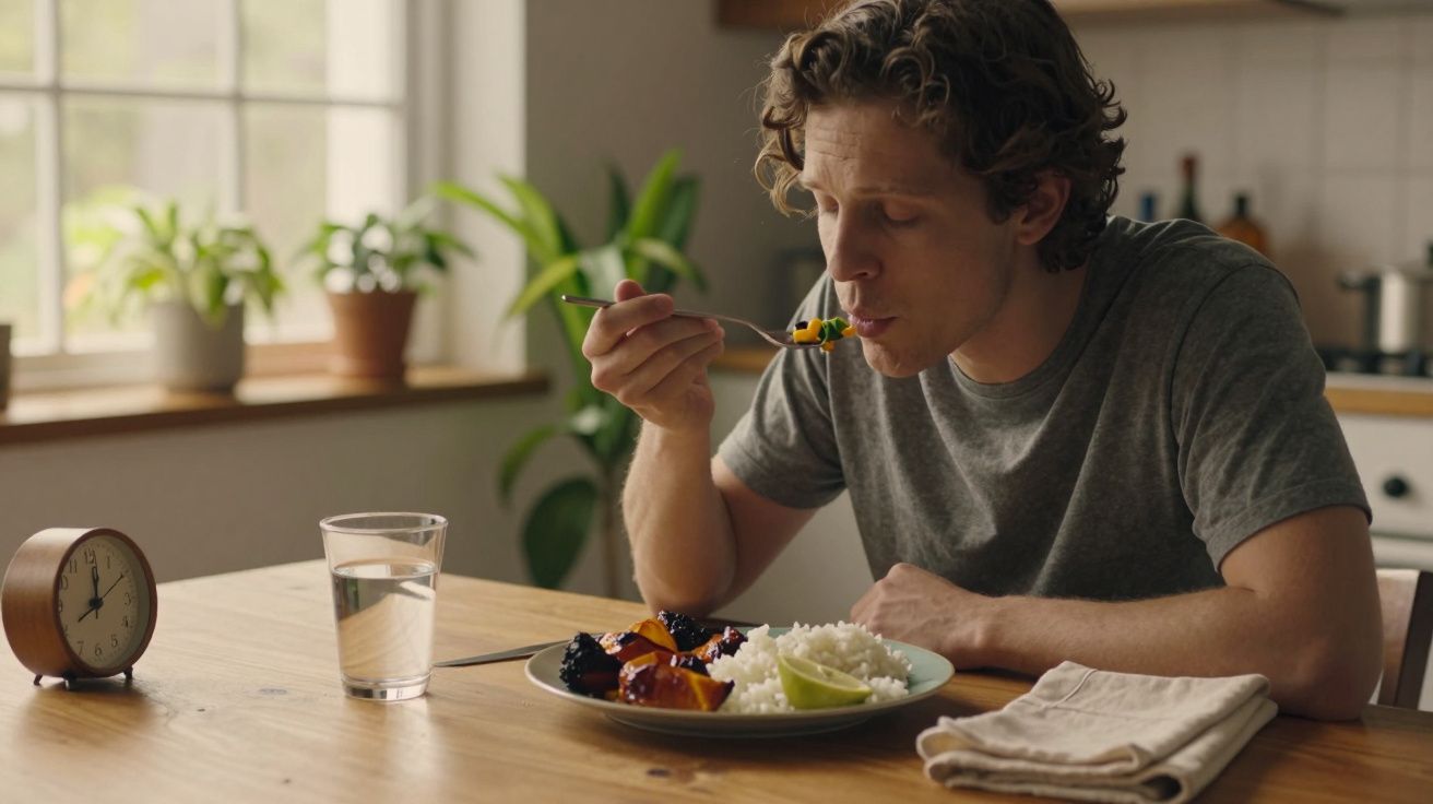 Homem sentado à mesa, a comer arroz e legumes, num ambiente de cozinha acolhedor.