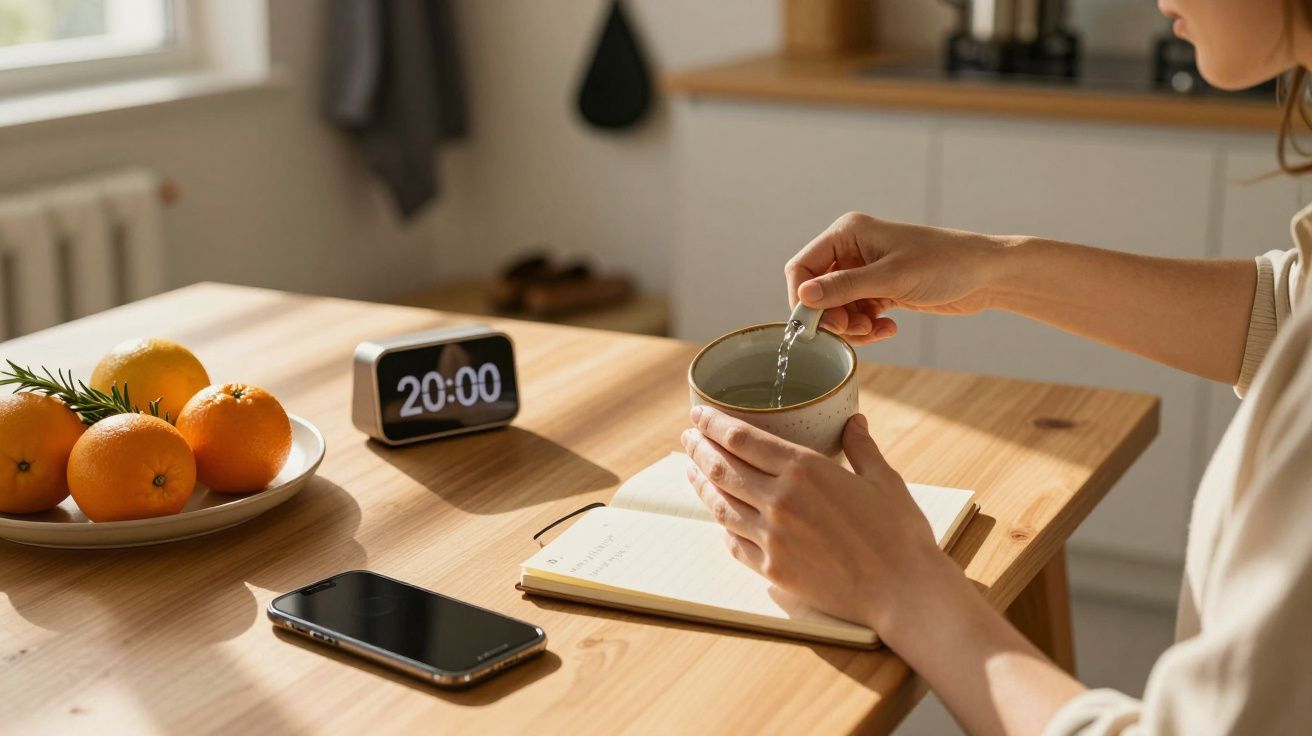 Mulher prepara chá numa mesa com laranjas, um caderno, um telemóvel e um relógio mostrando 20:00.
