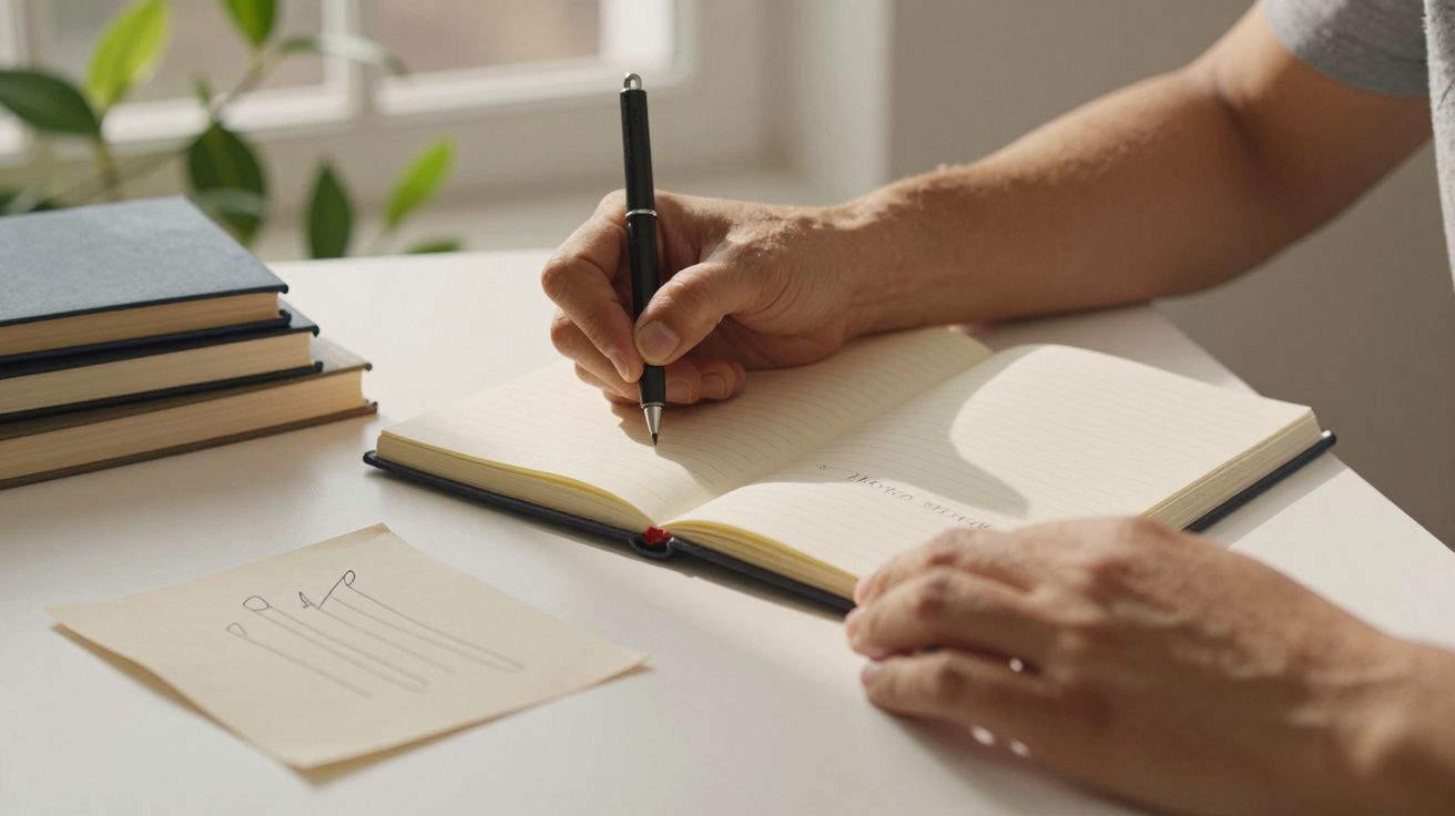 Pessoa escreve num caderno aberto, com uma caneta preta, junto a um bloco de notas e livros empilhados numa mesa.