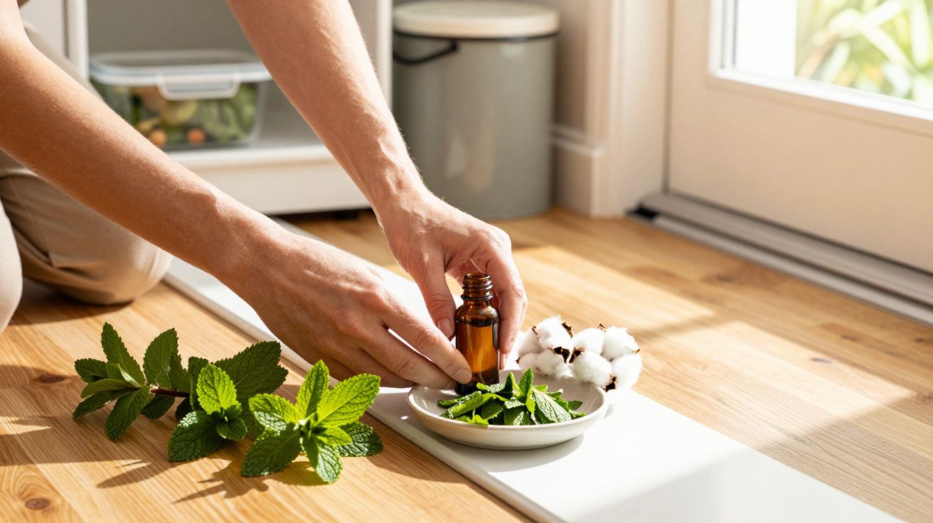 Mãos segurando frasco de óleo essencial perto de folhas de hortelã e algodão sobre o chão de madeira.