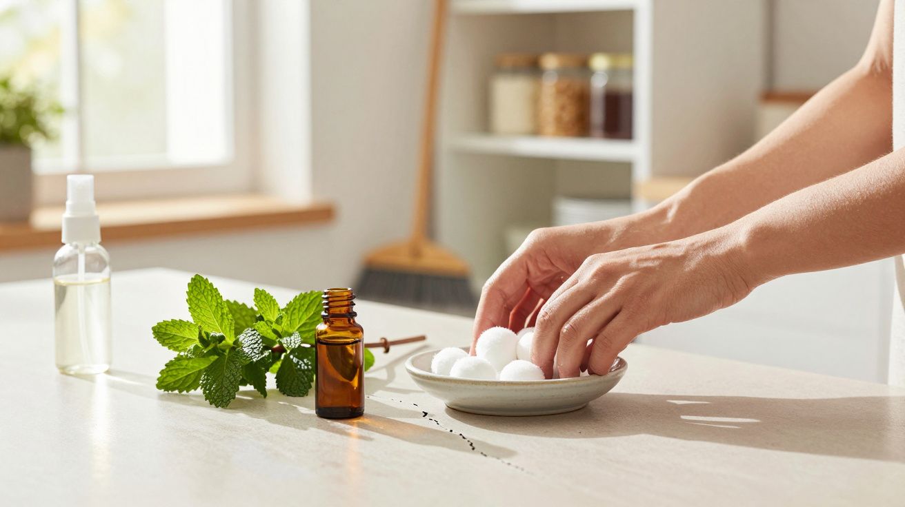 Mãos arrumam bolas de algodão num prato. Ao lado, ramos de hortelã e frascos com líquidos sobre a mesa.