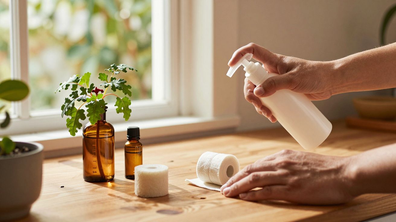 Mãos seguram frasco de spray branco numa mesa com plantas, frascos âmbar e rolo de gaze junto a janela iluminada.