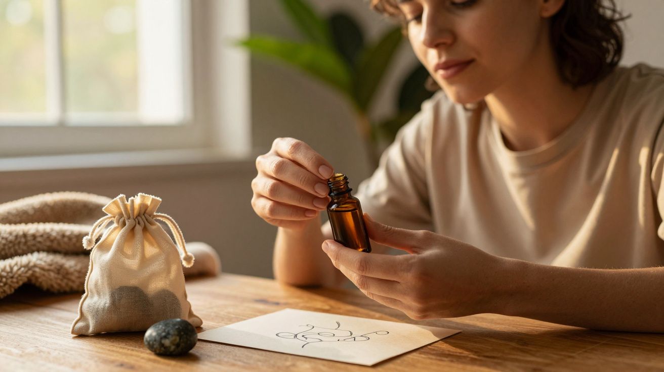 Mulher segurando frasco de óleo essencial, com saco de pano e pedra sobre mesa de madeira iluminada por luz natural.