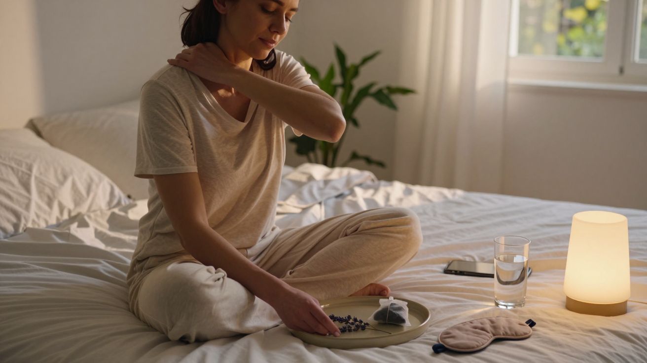Mulher sentada na cama, segurando o pescoço, com chá, máscara de olhos e lâmpada ao lado.
