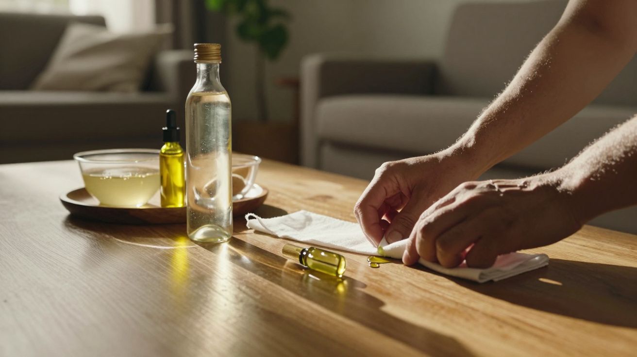 Mãos de pessoa montando uma máscara com óleo e pano numa mesa de madeira, frascos e tigela ao fundo.