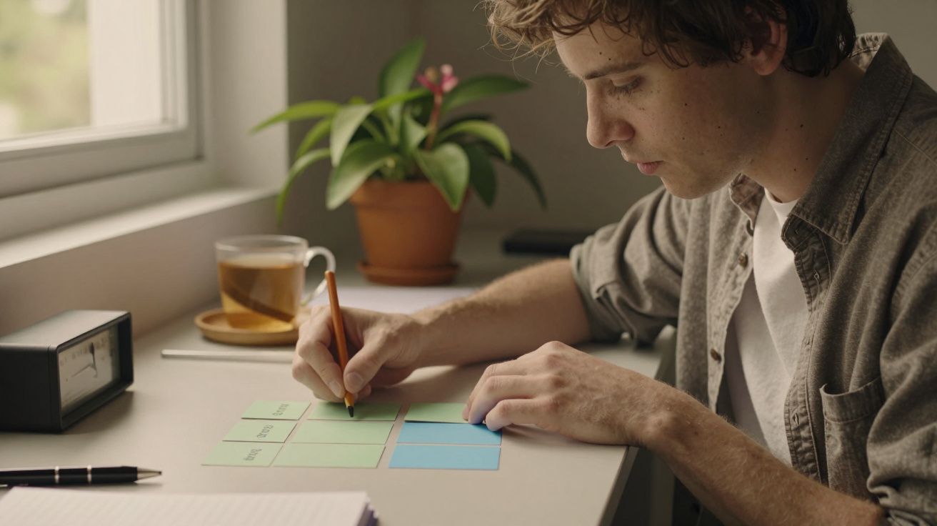 Jovem sentado à secretária, escreve em notas adesivas coloridas; chá e planta ao lado.