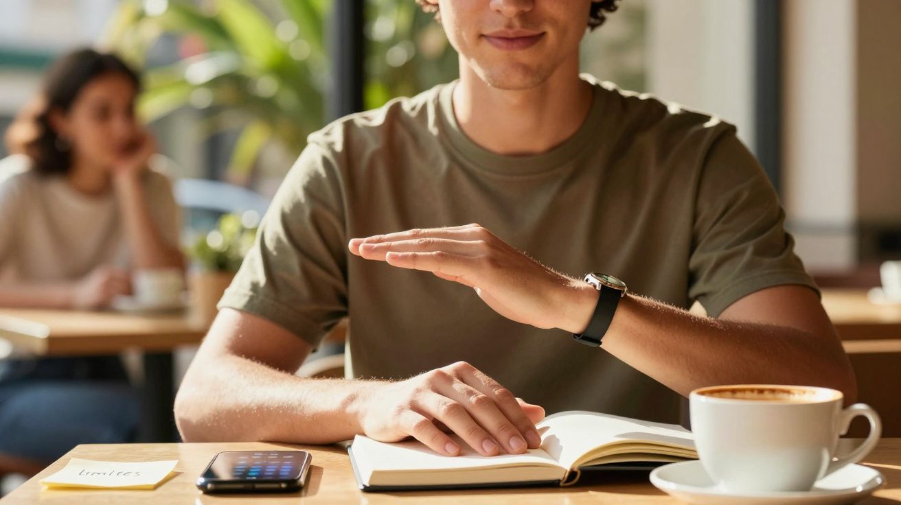 Homem sentado em café, a ler um livro com café e telemóvel na mesa, enquanto outra pessoa desfocada está ao fundo.