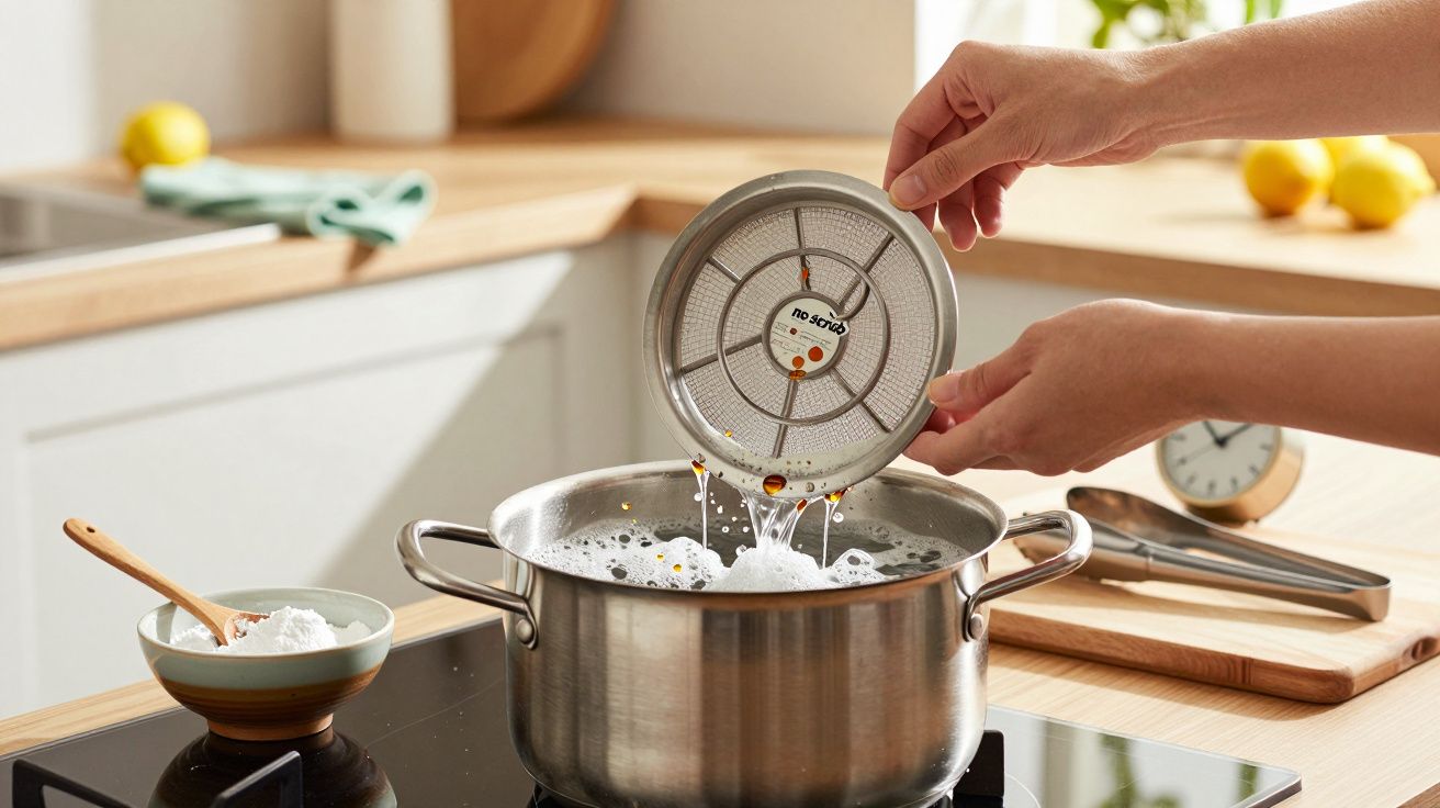 Pessoa segura um filtro em cima de uma panela com água a ferver. Cozinha ao fundo com utensílios e limões.