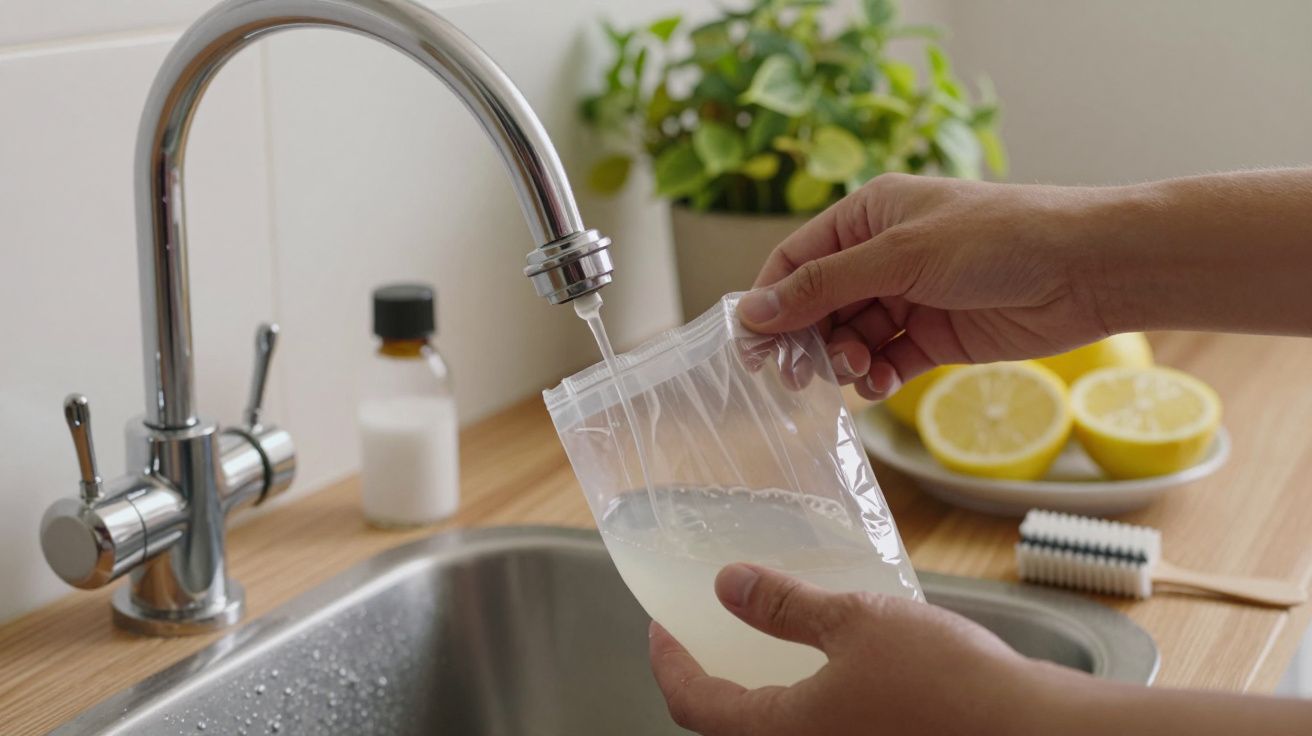 Mãos seguram saco de plástico com líquido sob torneira; limões cortados e planta ao fundo.