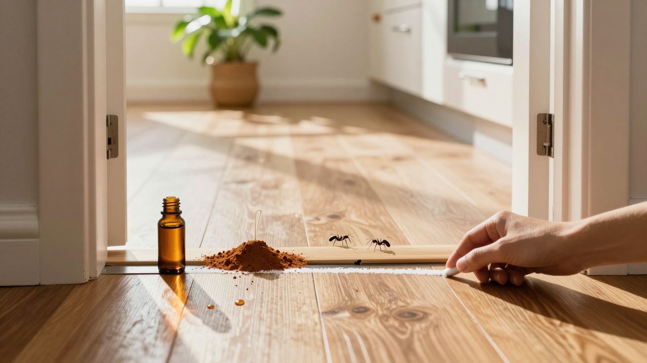 Mão segurando régua no chão de madeira com formigas e frasco ao lado. Planta ao fundo.