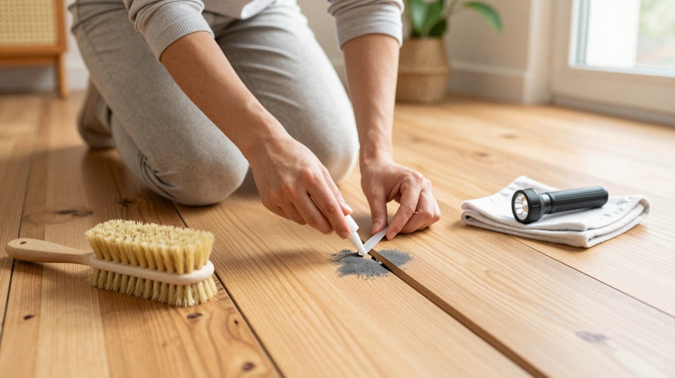 Pessoa aplica cera em risco no chão de madeira com uma escova e lanterna ao lado.