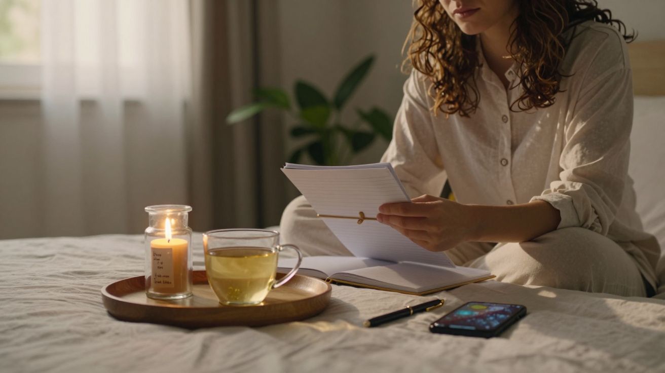 Mulher sentada numa cama com chá, caderno e velas; telefone ao lado.