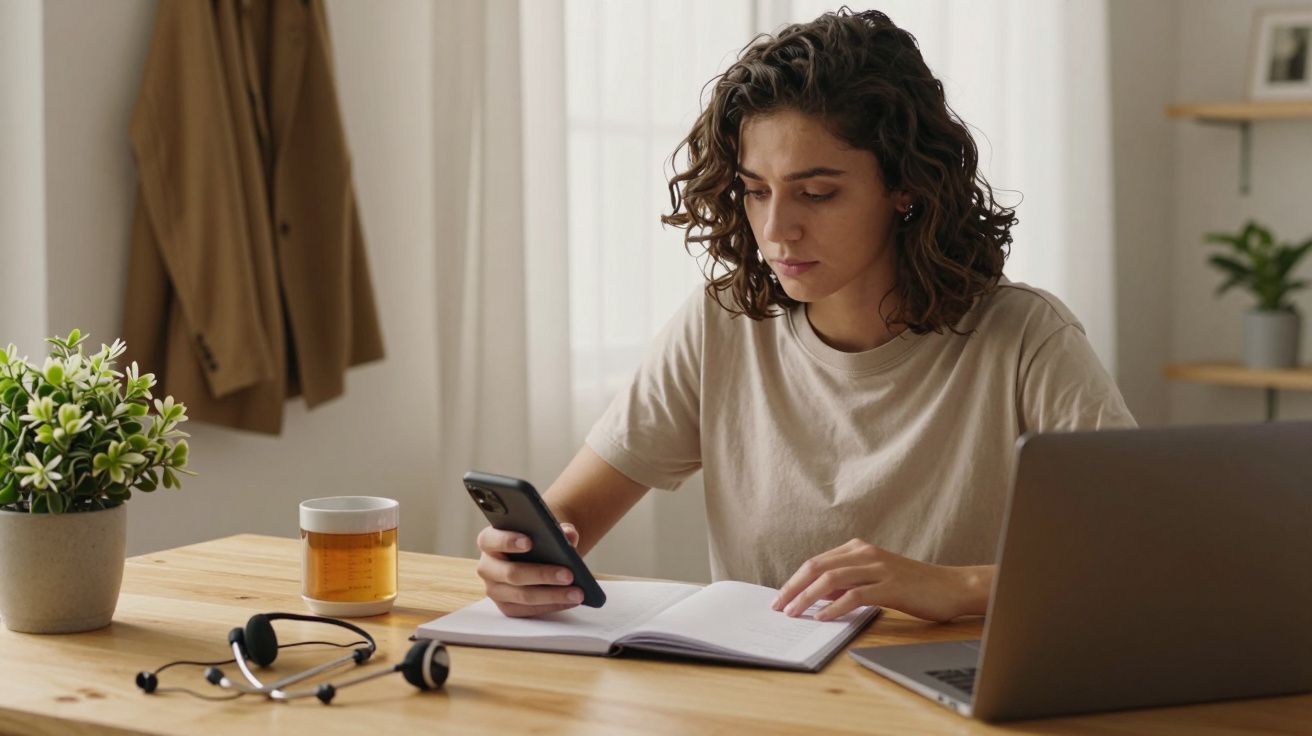 Mulher sentada à mesa com laptop e caderno, segurando telemóvel, auscultadores e planta ao lado.