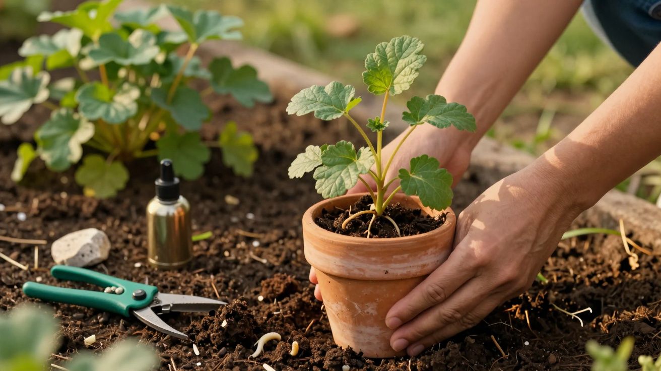 Pessoa a plantar uma muda em vaso de barro, rodeada de ferramentas de jardinagem num jardim.