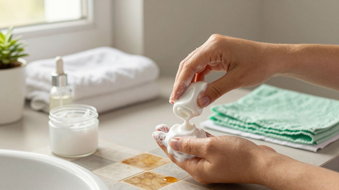 Mãos aplicando espuma de um frasco branco sobre um pano na casa de banho, com toalhas e produtos ao fundo.
