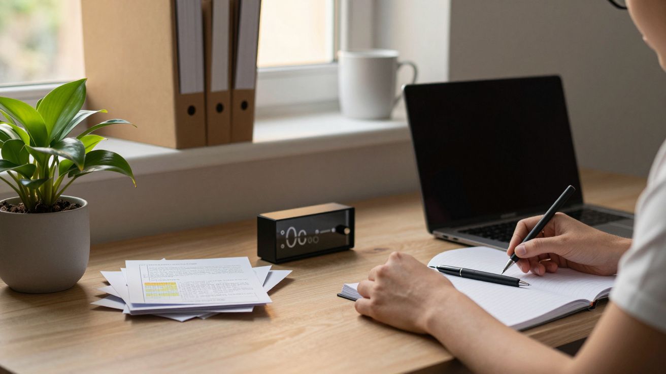Pessoa escreve num caderno em mesa de madeira, com laptop, papéis e planta ao lado. Ambiente iluminado por janela.