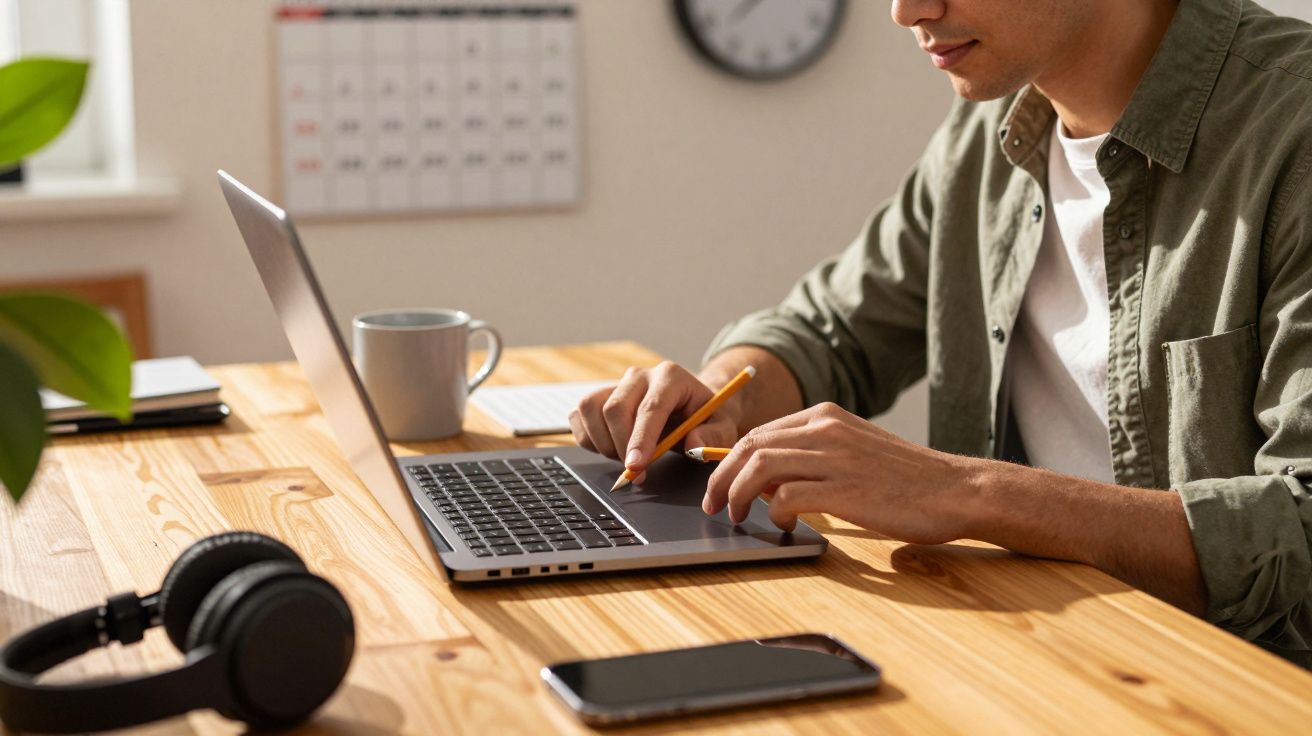 Homem a trabalhar num portátil numa mesa de madeira, ao lado de auscultadores e uma chávena.