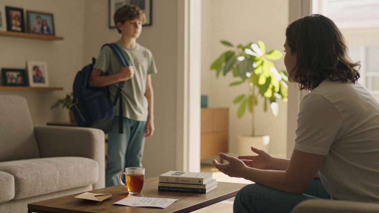 Adolescente com mochila à porta, conversa com mulher sentada no sofá; papel com chávena e livros na mesa de centro.