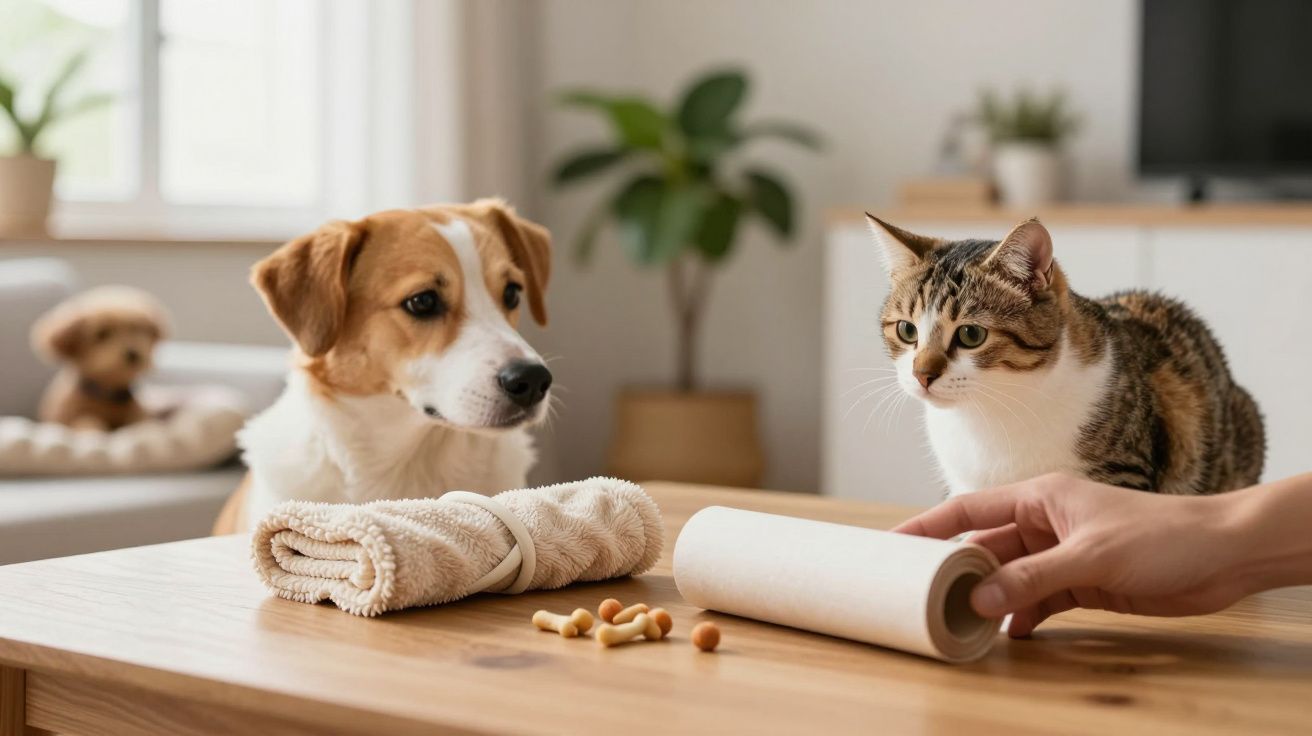 Cão e gato curiosos à mesa com toalha, rolo de papel e guloseimas, interior iluminado com planta ao fundo.