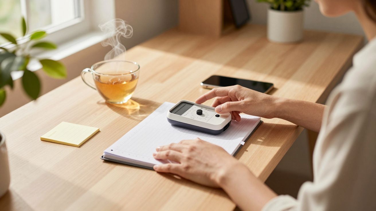 Pessoa usando um dispositivo portátil numa secretária com chá, bloco de notas e telemóvel.