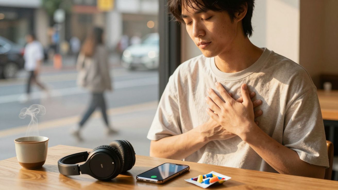 Homem medita com mãos no peito numa mesa de café com chávena fumegante, auscultadores e smartphone.