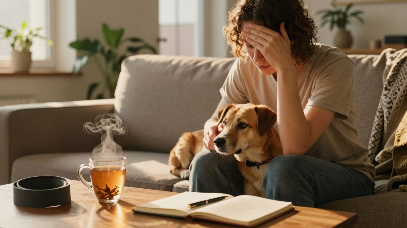 Pessoa sentada no sofá com mão na testa, acompanhada por um cão. Há um bloco de notas e chá fumegante na mesa.