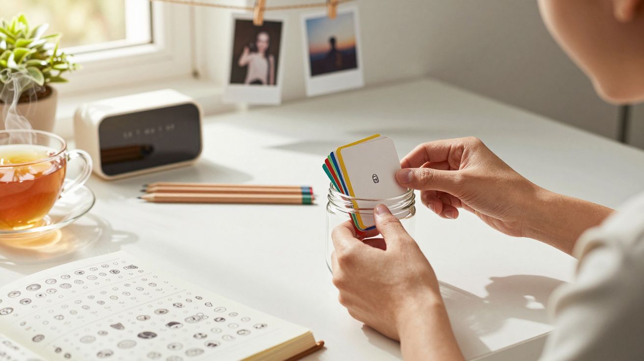 Pessoa segura cartões coloridos numa jarra em mesa com chá, relógio, lápis e fotos ao fundo, junto a janela.