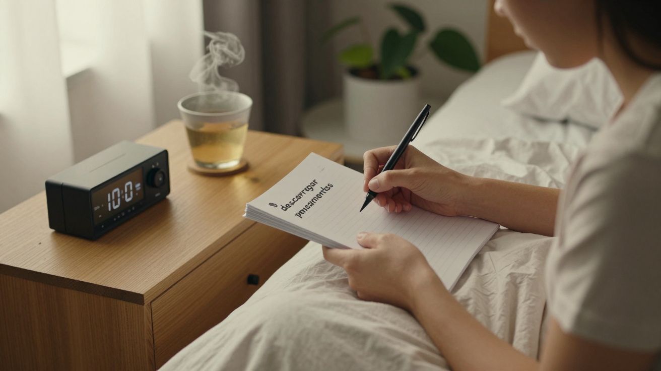 Pessoa a escrever num bloco de notas em cima da cama, com um relógio digital e chá na mesa de cabeceira.