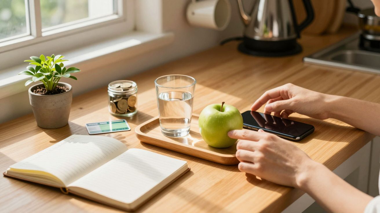 Mesa de madeira clara com caderno, copo de água, maçã verde e uma mão a tocar num telemóvel.