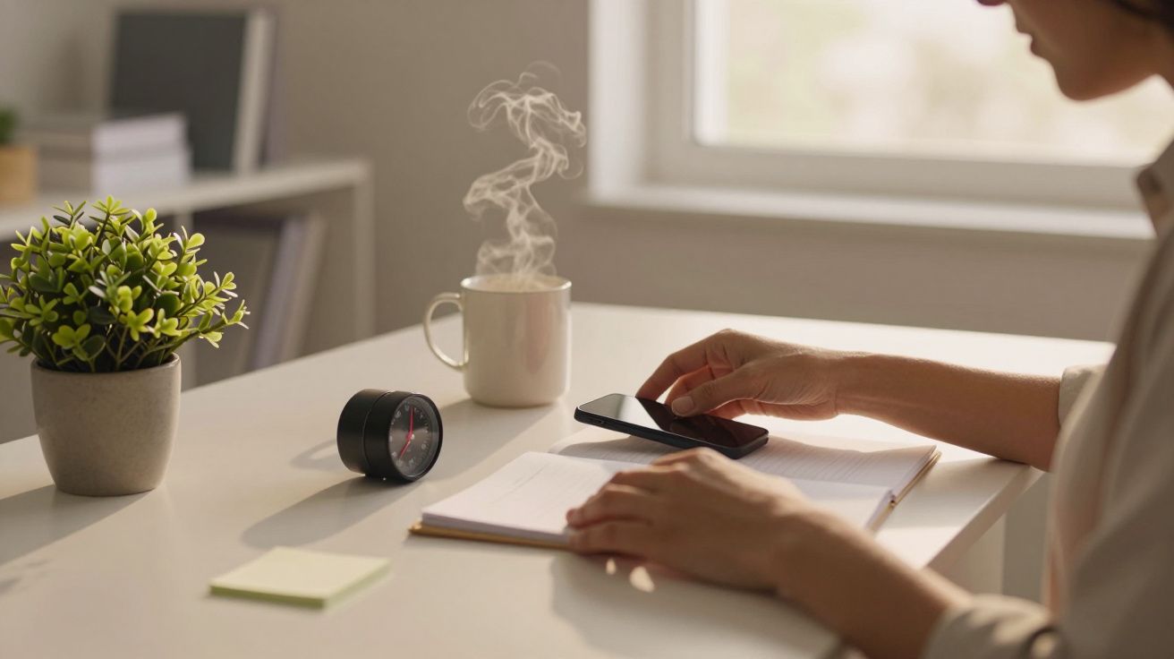 Pessoa usa smartphone numa mesa com caderno, planta, caneca fumegante e relógio.
