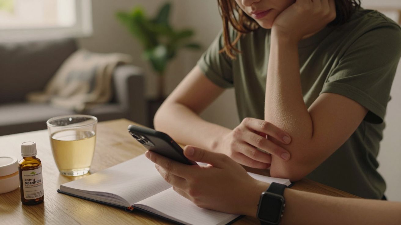 Pessoa sentada à mesa, segurando um smartphone, com caderno, copo de chá e frasco de medicamento ao lado.