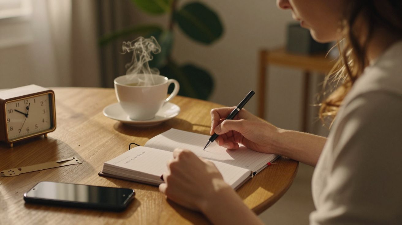 Mulher escreve num caderno numa mesa com chávena de café, relógio e smartphone ao lado.