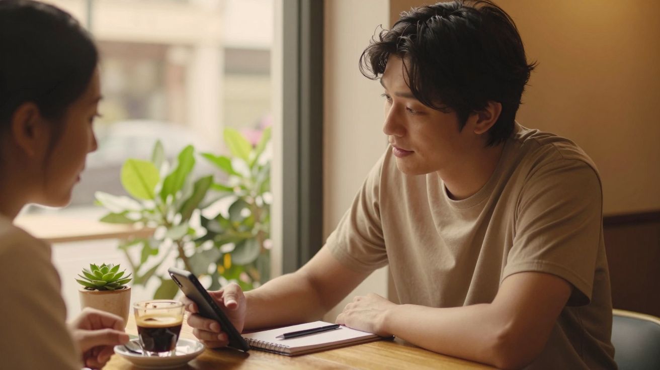 Duas pessoas conversam num café, uma segura um telemóvel e a outra uma chávena de café. Há um caderno sobre a mesa.