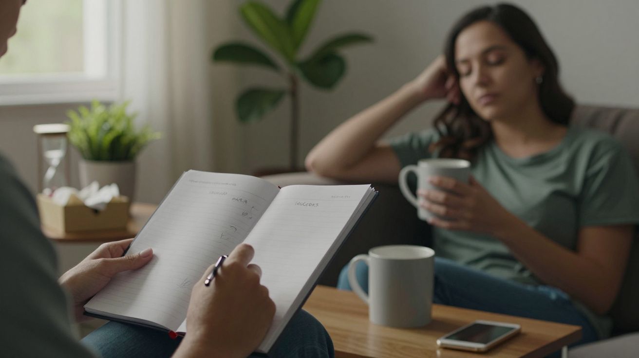 Pessoa escreve num caderno enquanto outra relaxa no sofá, segurando uma caneca. Ambiente acolhedor com plantas e luz natural.