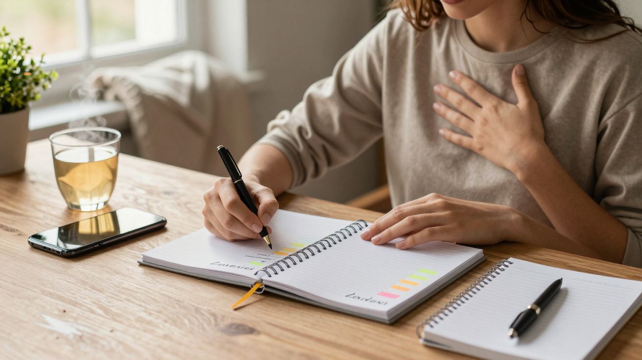 Mulher escreve em caderno na mesa, com chá, telemóvel e outro caderno por perto.