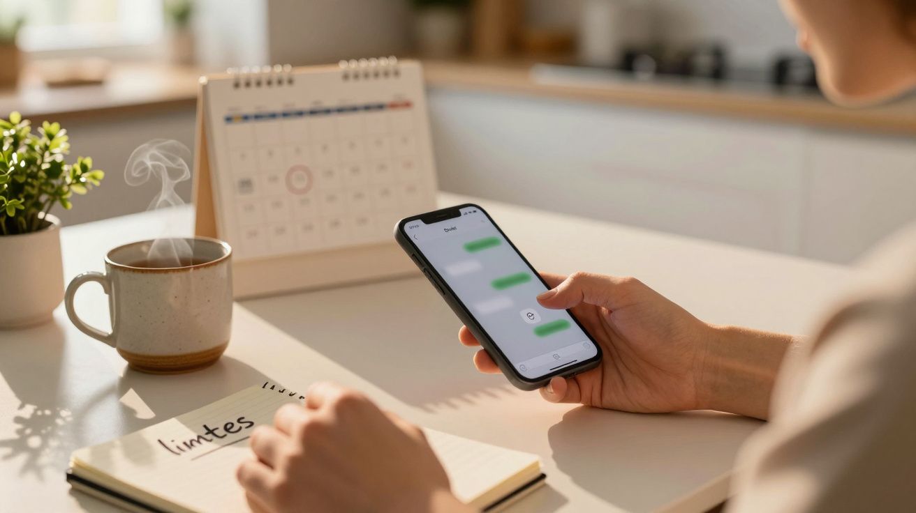 Pessoa usando smartphone à mesa com caderno, caneca de café e calendário ao fundo.