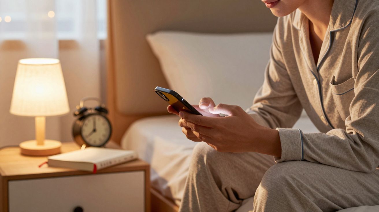 Pessoa em pijama, sentada na cama, a usar um telemóvel. Abajur e despertador ao lado.