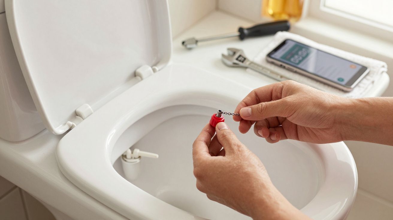 Pessoa a consertar sanita com ferramenta e corrente. Telefone e chave inglesa no fundo.