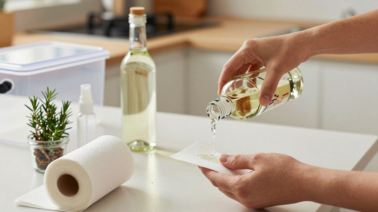 Mãos vertendo líquido de uma garrafa num pano sobre bancada de cozinha, com utensílios e planta ao fundo.