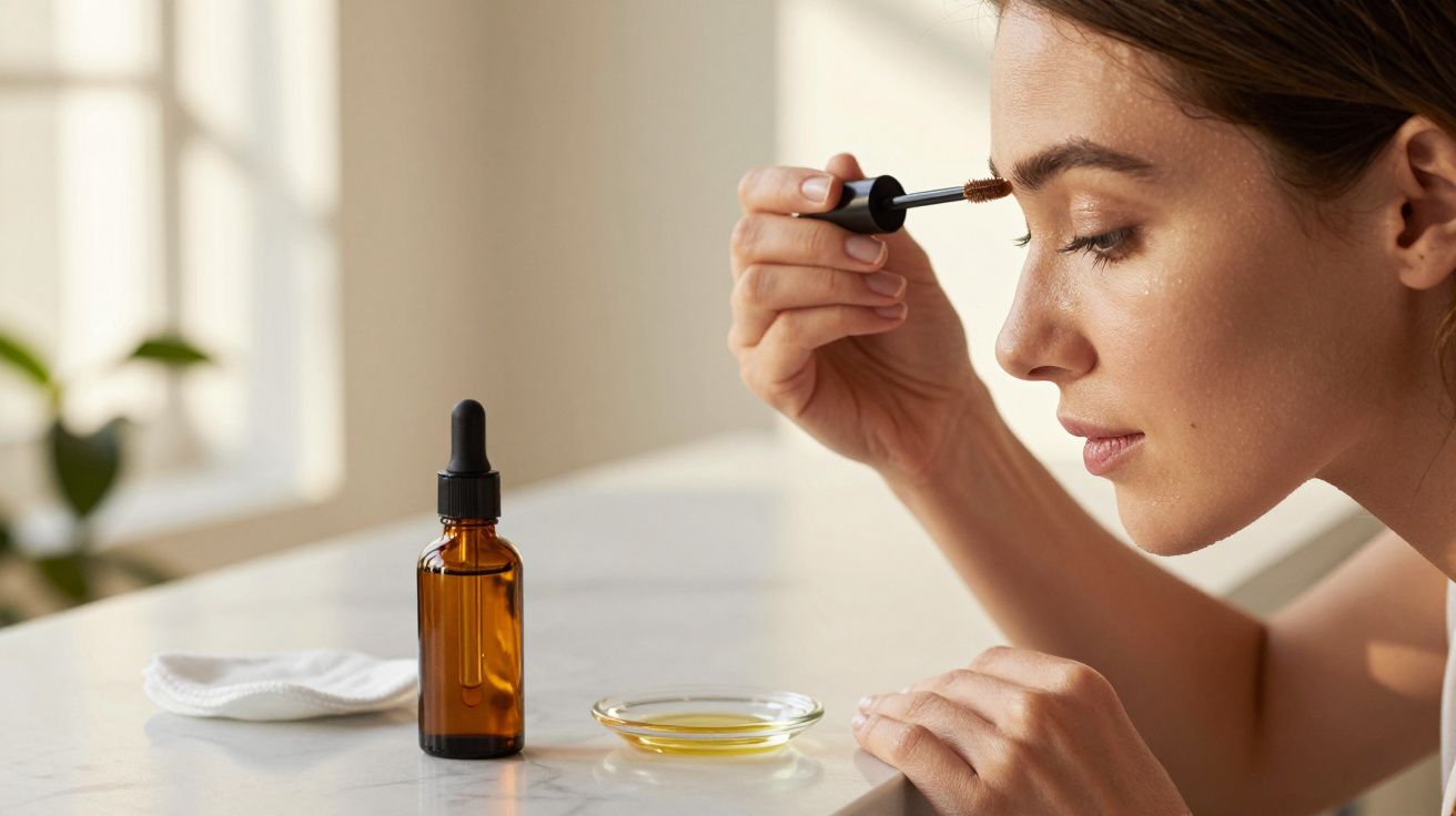 Mulher aplica óleo no rosto com conta-gotas; frasco de vidro âmbar ao lado.