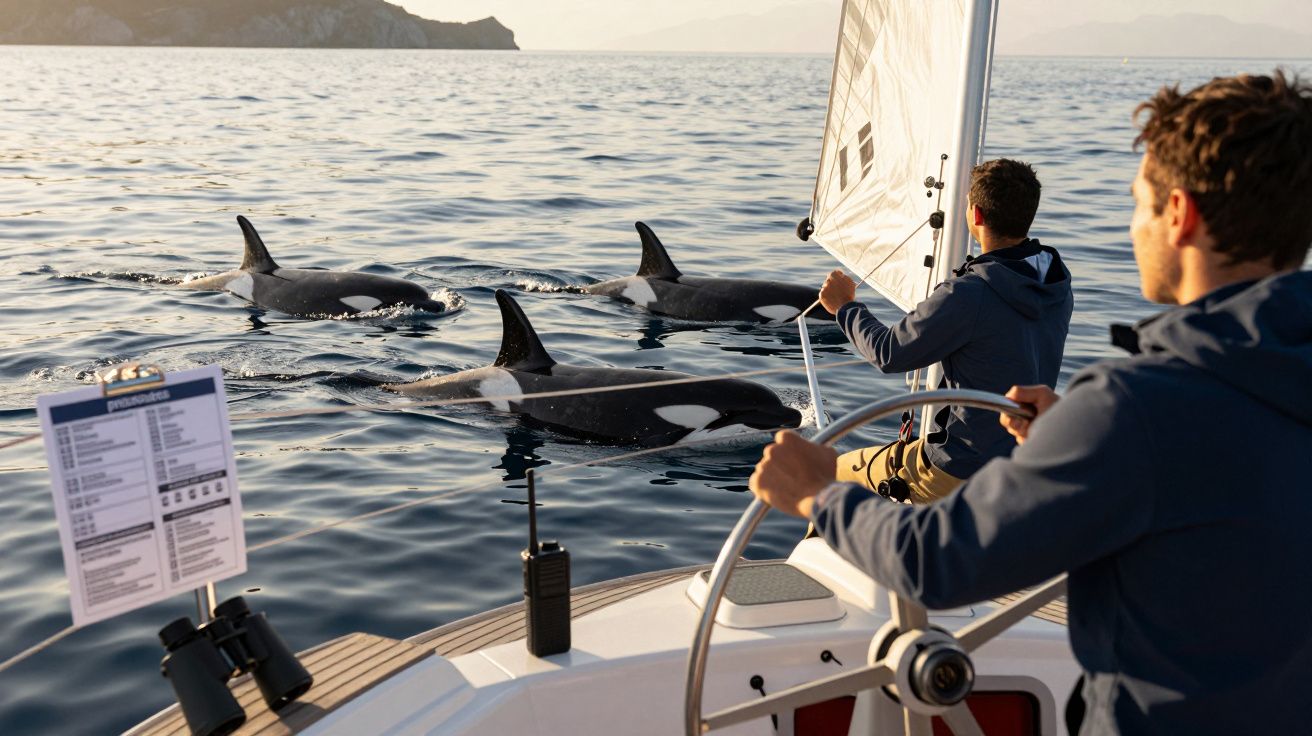 Dois homens em veleiro avistam orcas no mar calmo durante o dia.