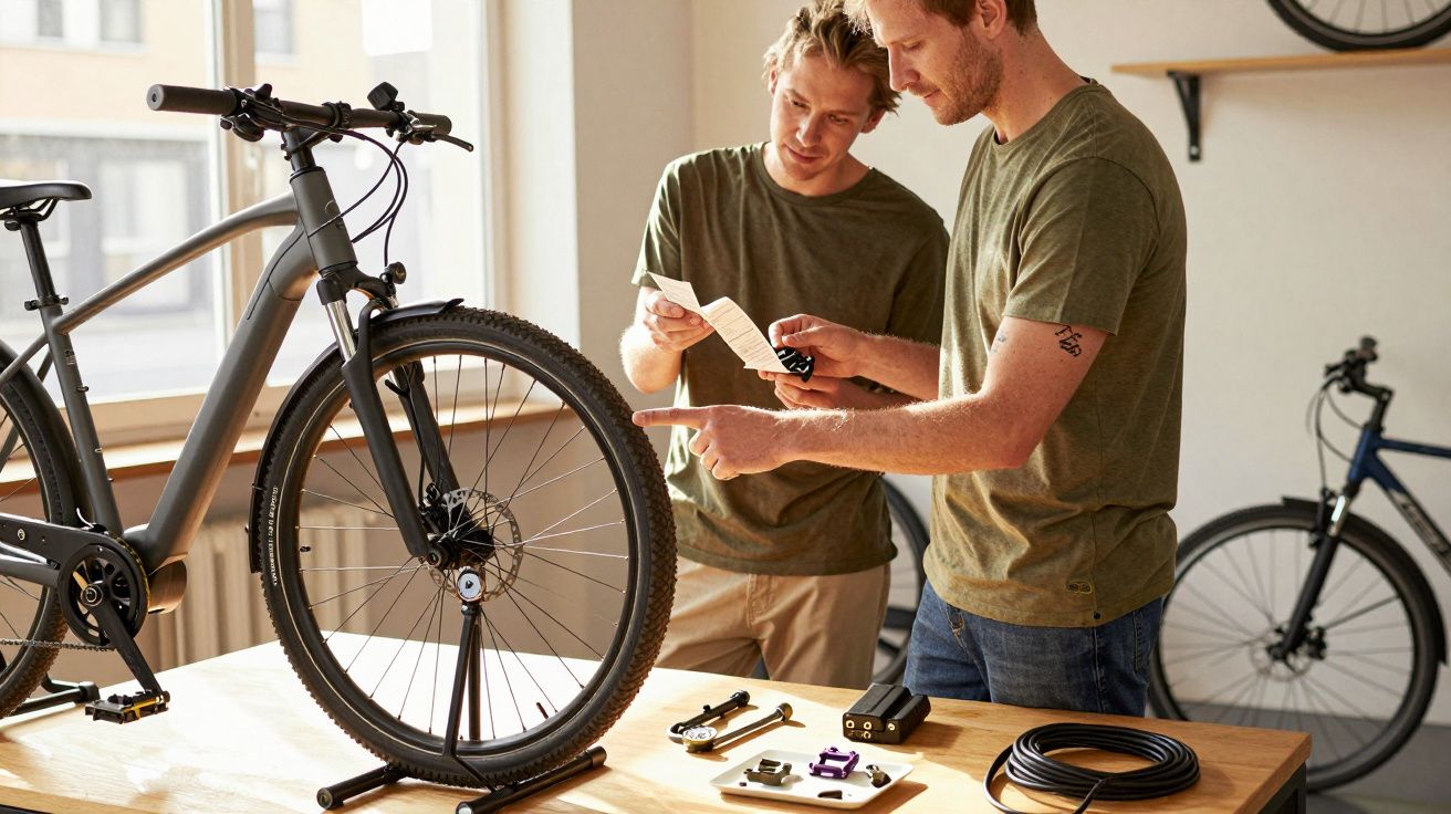 Dois homens montam uma bicicleta numa mesa de madeira, com ferramentas e peças ao seu redor, numa oficina iluminada.
