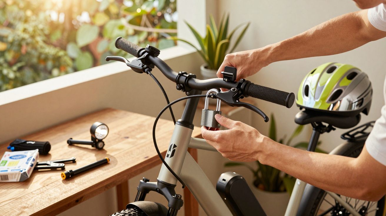 Pessoa ajustando o guiador de uma bicicleta num quarto iluminado pelo sol, com capacete e ferramentas na mesa ao lado.